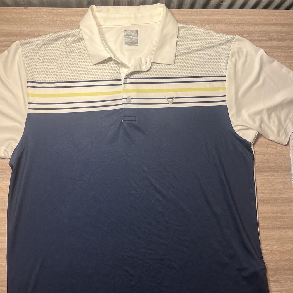 Callaway Opti Dri Golf Polo Shirt Mens XL White Navy Yellow Striped Short Sleeve
